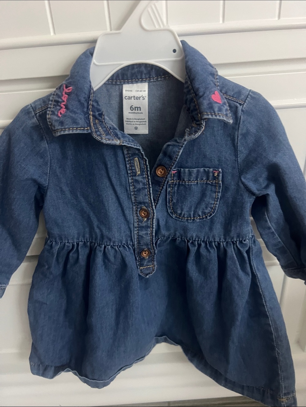Carter's Baby Girl Denim Shirt Dress 6M Long Sleeve Pink Heart Embroidered